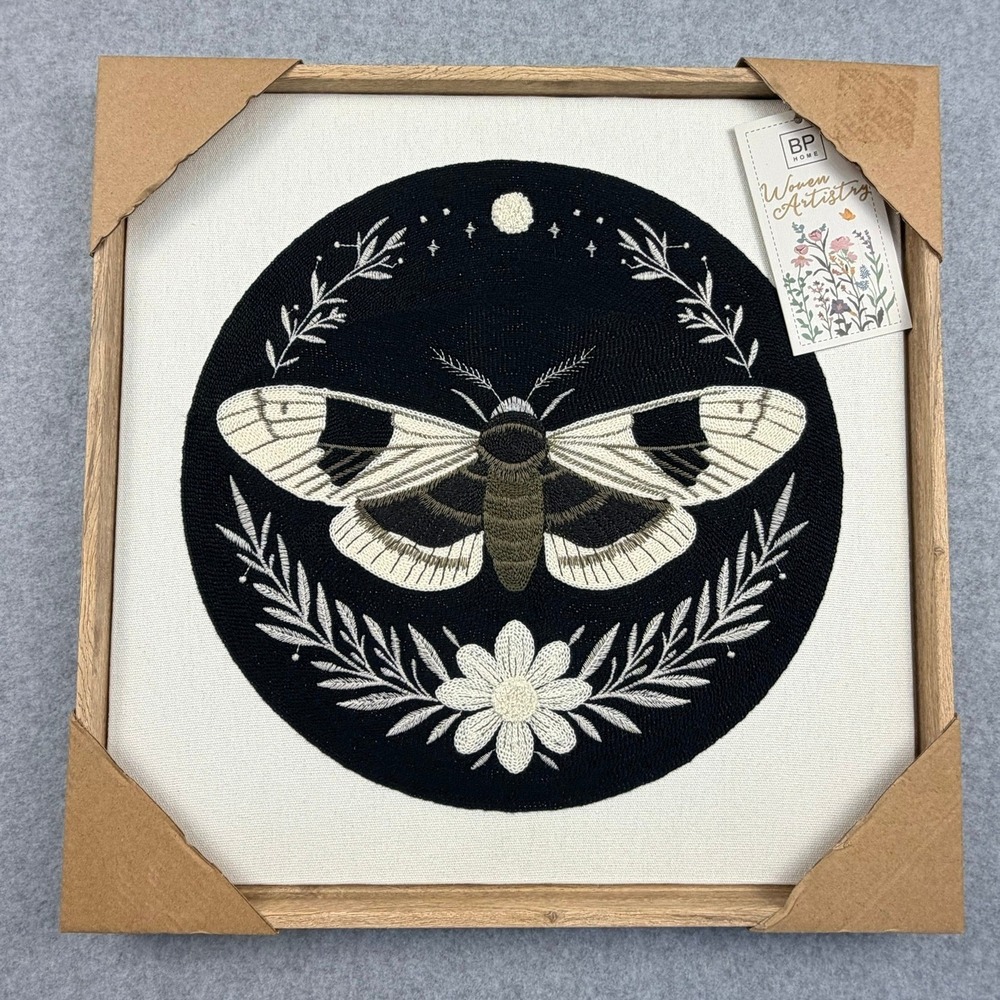 BP Home Woven Artistry Framed Embroidered Moth Wall Decor Black Cream 16.5in